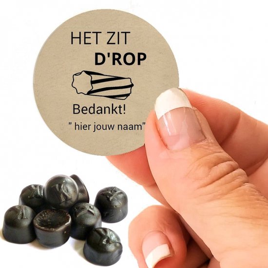 Gepersonaliseerde kraft stickers het zit d'rop Ø40mm - 48 stuks | geef jouw naam door | Persoonlijke Naamstickers | eigen naam| Bedankt | mail naam naar marcelwijers@live.nl