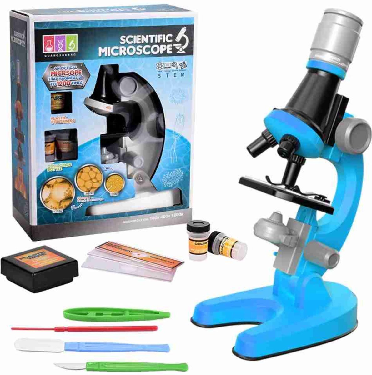 Hoobi® Microscoop Voor Kinderen - Junior Microscoop - Veel Accessoires - Biologisch - Wetenschap - Educatief - Tot X1200 - LED Verlichting - Kinder Speelgoed - Junior - Blauw
