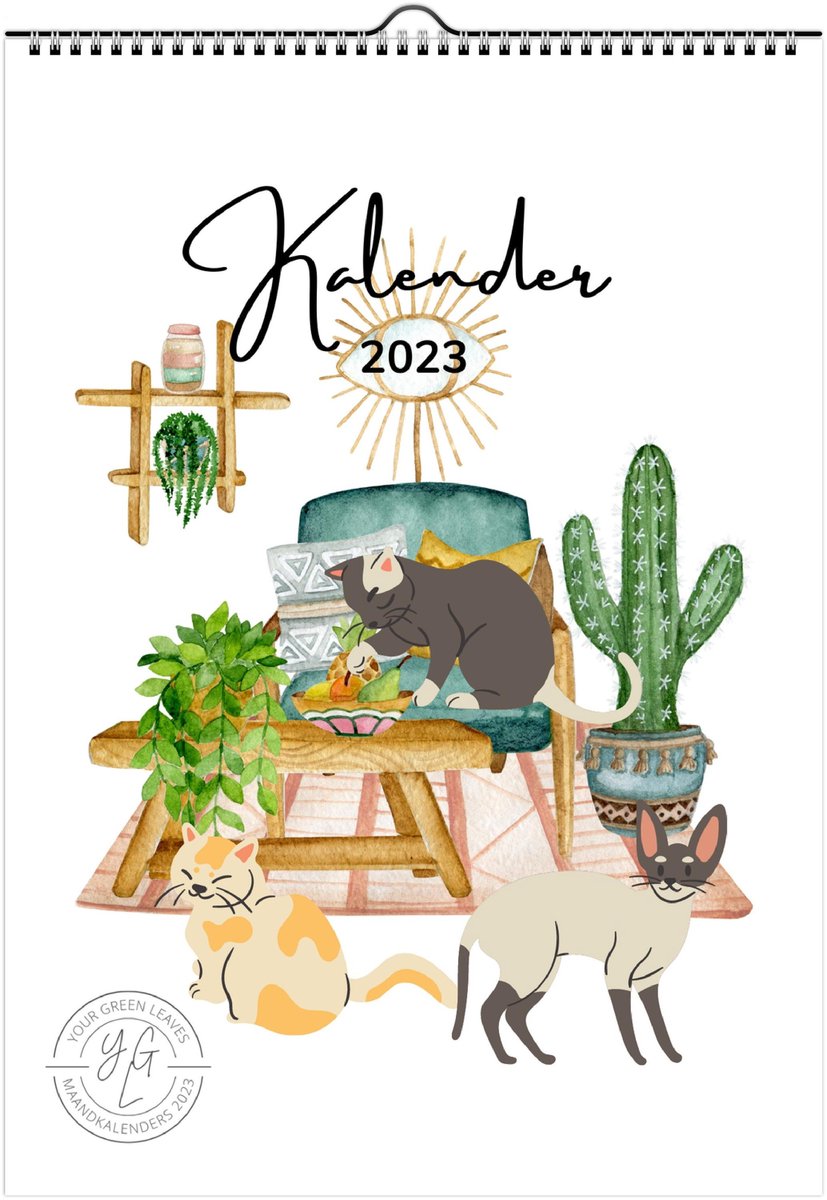 Kalender 2023 Kat & Plant - Maandkalender 2023 - Maandplanner - Ophangbaar - Illustraties - A4 (21 x 27.9 cm)