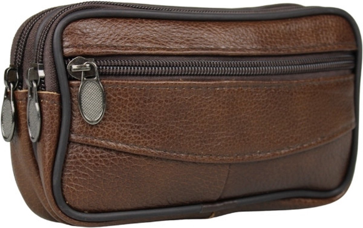Fana Bags Riemtasje Heren Leer Bruin - Leren Riem Tas - Telefoontasje Heren - Riemtas met Rits / Veel vakken - Leren Heuptas Riem