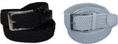 Duopack Zwart Wit - Elastische Comfort Riem - maat 120 - Gevlochten - 100% Elastisch - Nikkelvrije Gesp