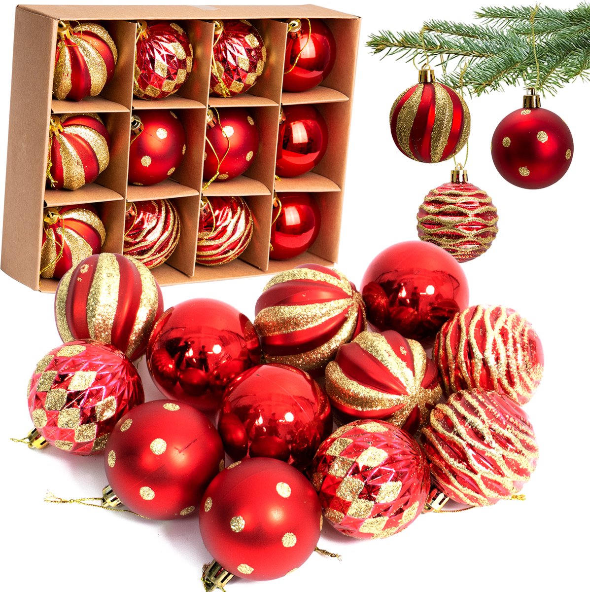 Uten - Kerstballen Plastic - kerstboom versiering - Christmas Gifts - kerstballen set - 12 stuks - kerstboom ballen - Ø6cm - rood/Goud