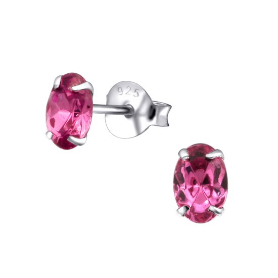 Joy|S - Zilveren ovaal oorbellen 4 x 6 mm - kristal magenta roze - oorknoppen