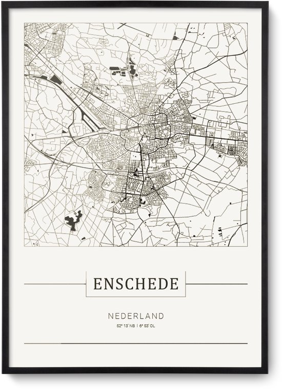 Stadskaart Enschede - Plattegrond Enschede – city map – muurdecoratie 30 x 40 cm in lijst
