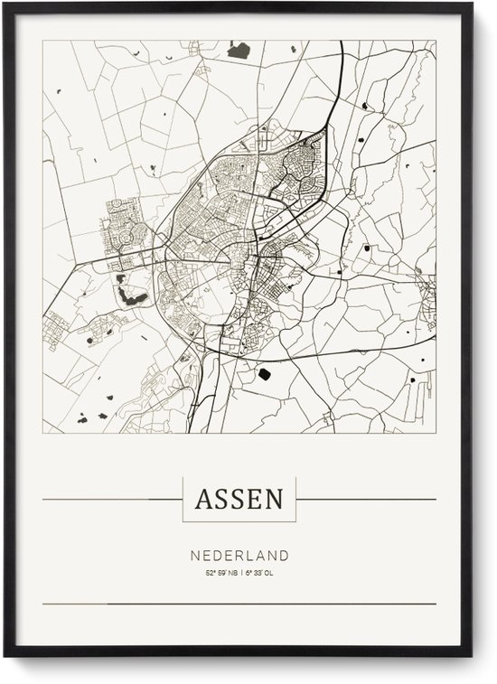 Stadskaart Assen – Plattegrond Assen - city map – muurdecoratie 30 x 40 cm in lijst