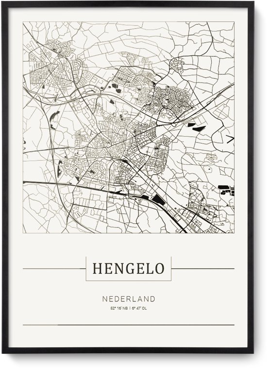 Stadskaart Hengelo - Plattegrond Hengelo – city map – muurdecoratie 30 x 40 cm in lijst