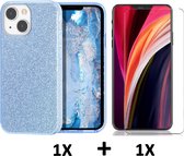 Casemania Hoesje Geschikt voor Apple iPhone 14 Blauw & Glazen Screenprotector - Glitter Back Cover
