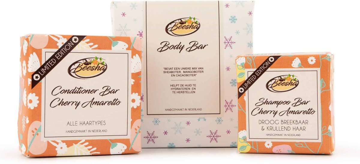Beesha Giftbox Cherry & Amaretto | Bevat een Shampoo, Conditioner, en Body Bar | 100% Plasticvrije en Natuurlijke Verzorging