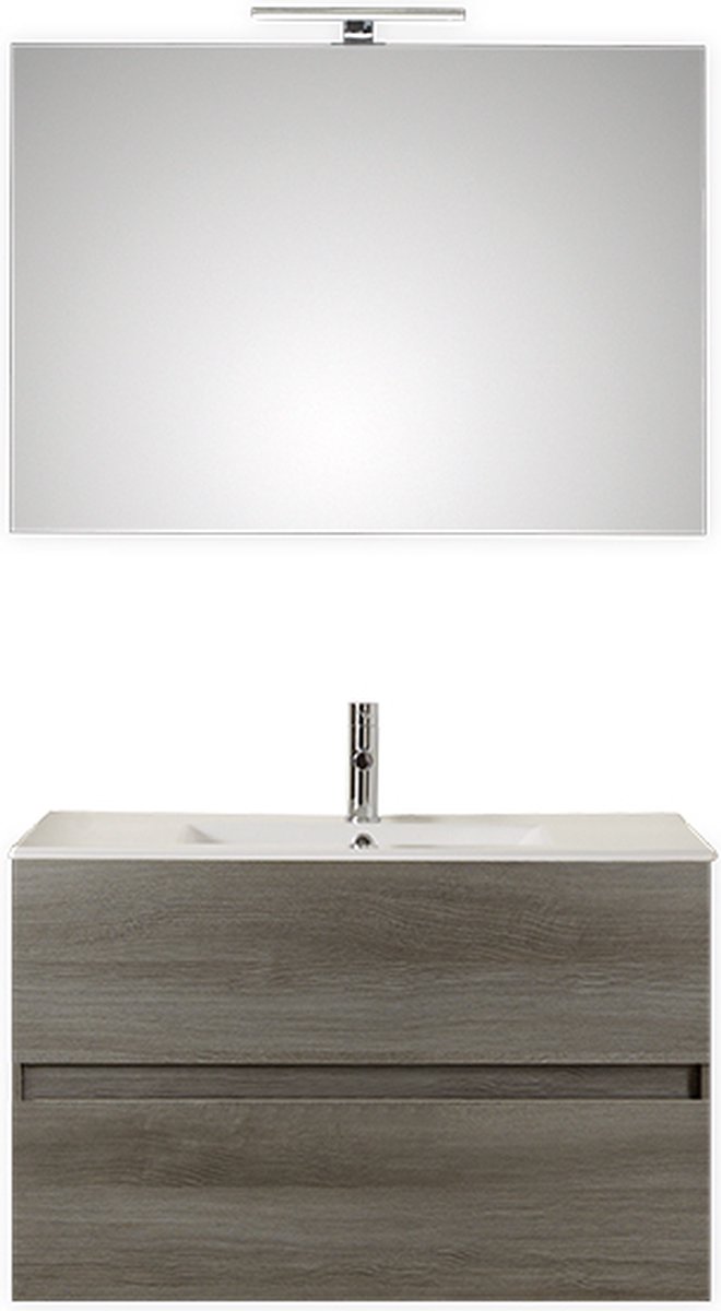 Badkamermeubel Pelipal Cento 91 cm wastafelonderkast greeploos met spiegel Grafiet Structuur met kraangat