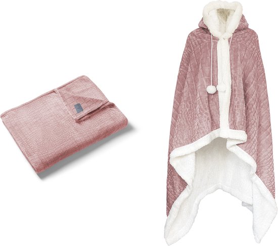 Linnick Flannel Fleece Blanket + Hoodie with Hood Croco - rosé - 140x200cm - 130x180cm - Plaid