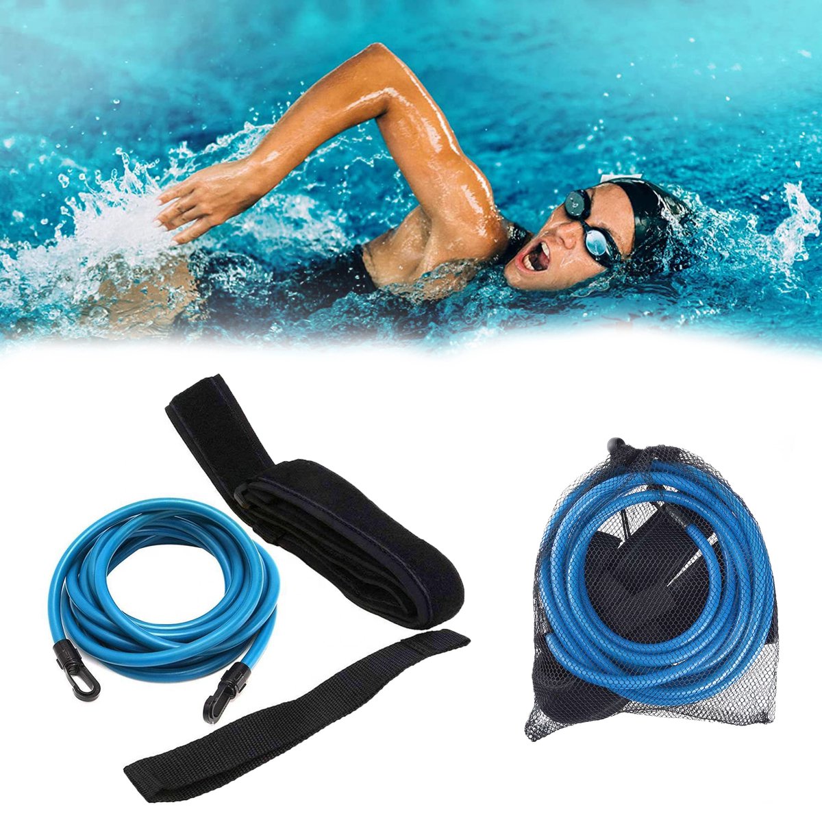 JOLTIA - Zwemelastiek 500 - Zwemtraining - Zwem elastiek met weerstand - Resistance cords - Voor Volwassenen - Zwembad - Zwemelastieken met Riem / Gordel - Weerstandsband - Weerstandstube - Trainingsbanden - 3 meter - Blauw