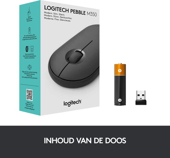 Logitech Pebble M350 - Draadloze Muis - Bluetooth - Zwart