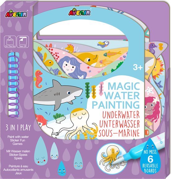 Avenir Magical Water Painting : LIVRE / SOUS L'EAU 21,7x2x22,7cm, 6 pages réutilisables avec jeu 3 en 1, 3+