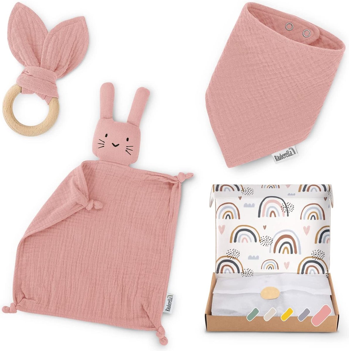 Doudou avec Anneau de Dentition et Bavoir, pour la Naissance pour garçon et  Fille - Cadeau bébé Nouveau-né - Set de Cadeaux bébé pour la fête de bébé