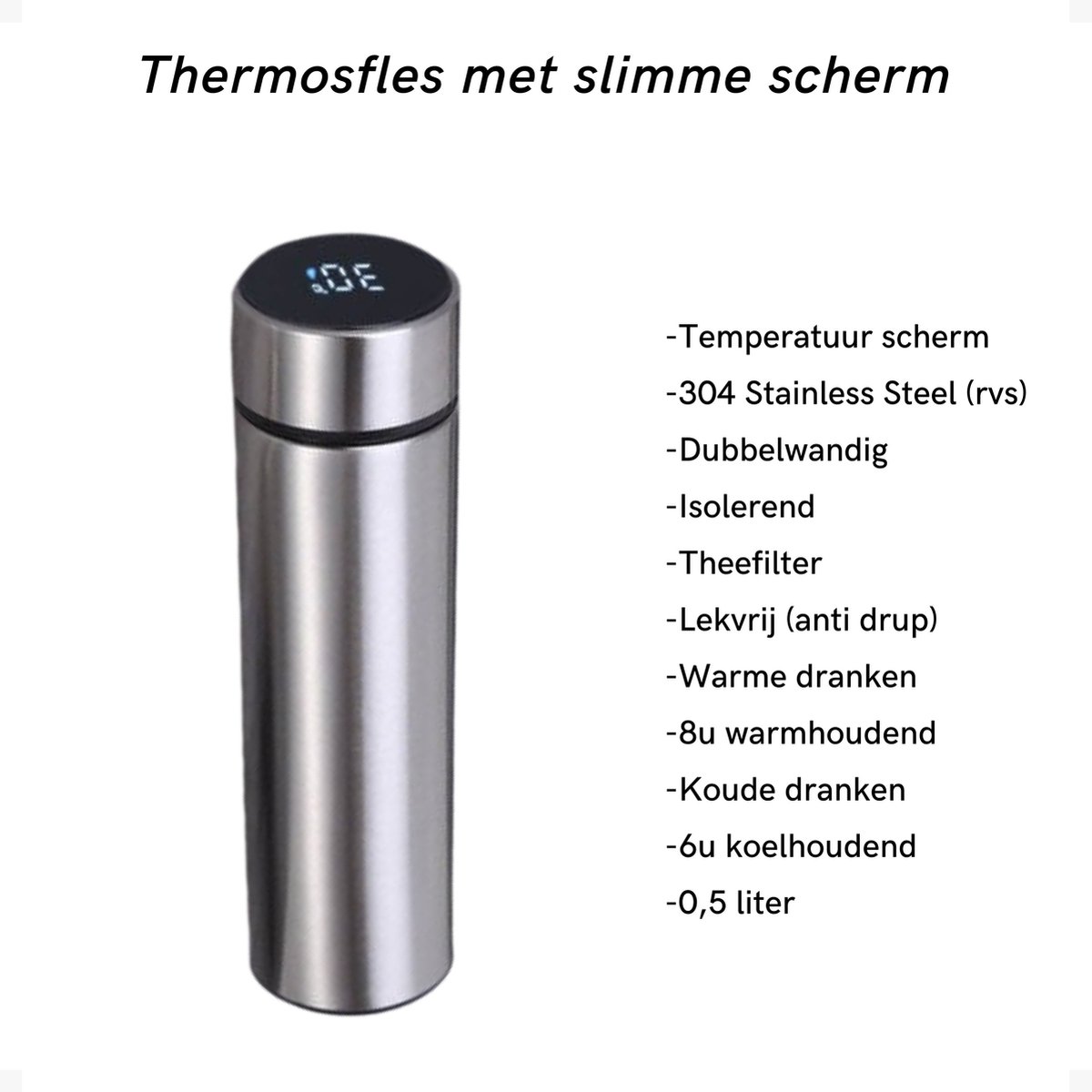 Drinkfles - ZILVER - met °C scherm - Koffiebeker - Thermoskan - Thermosbeker - voor kinderen en volwassenen - Waterfles - 0,5 liter - Warme en Koude dranken - RVS