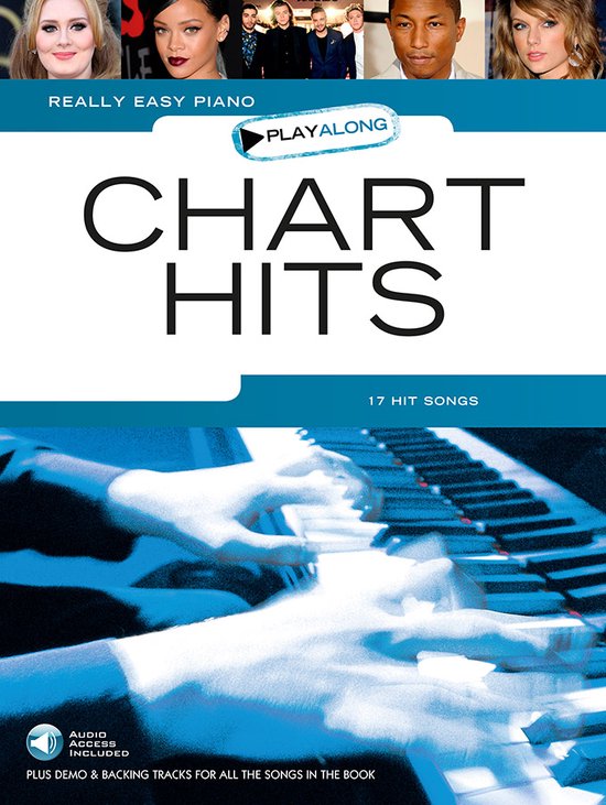 Boek met bladmuziek "Chart Hits" voor piano, met foto's van artiesten en spelende handen op een keyboard. Bevat audio toegang.