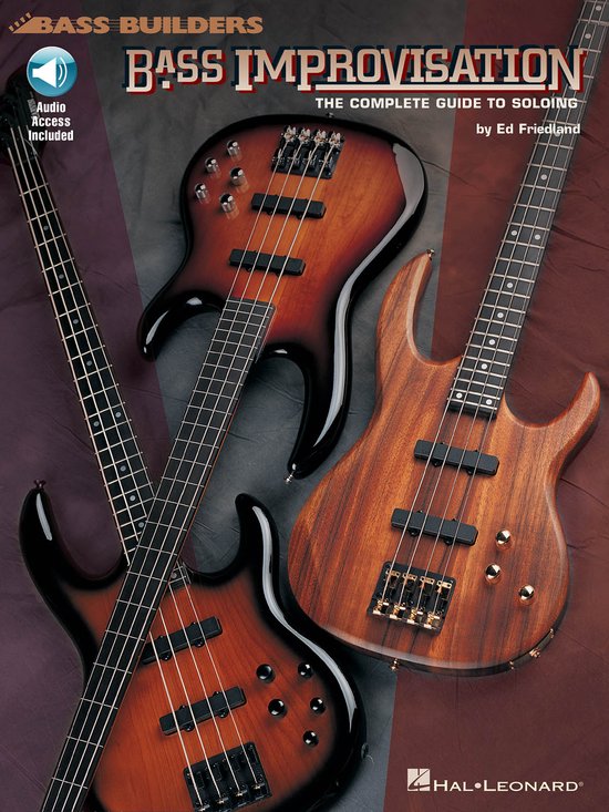Livre intitulé 'Bass Improvisation'. Trois guitares basses électriques sont posées sur un fond marron. Accès audio inclus.