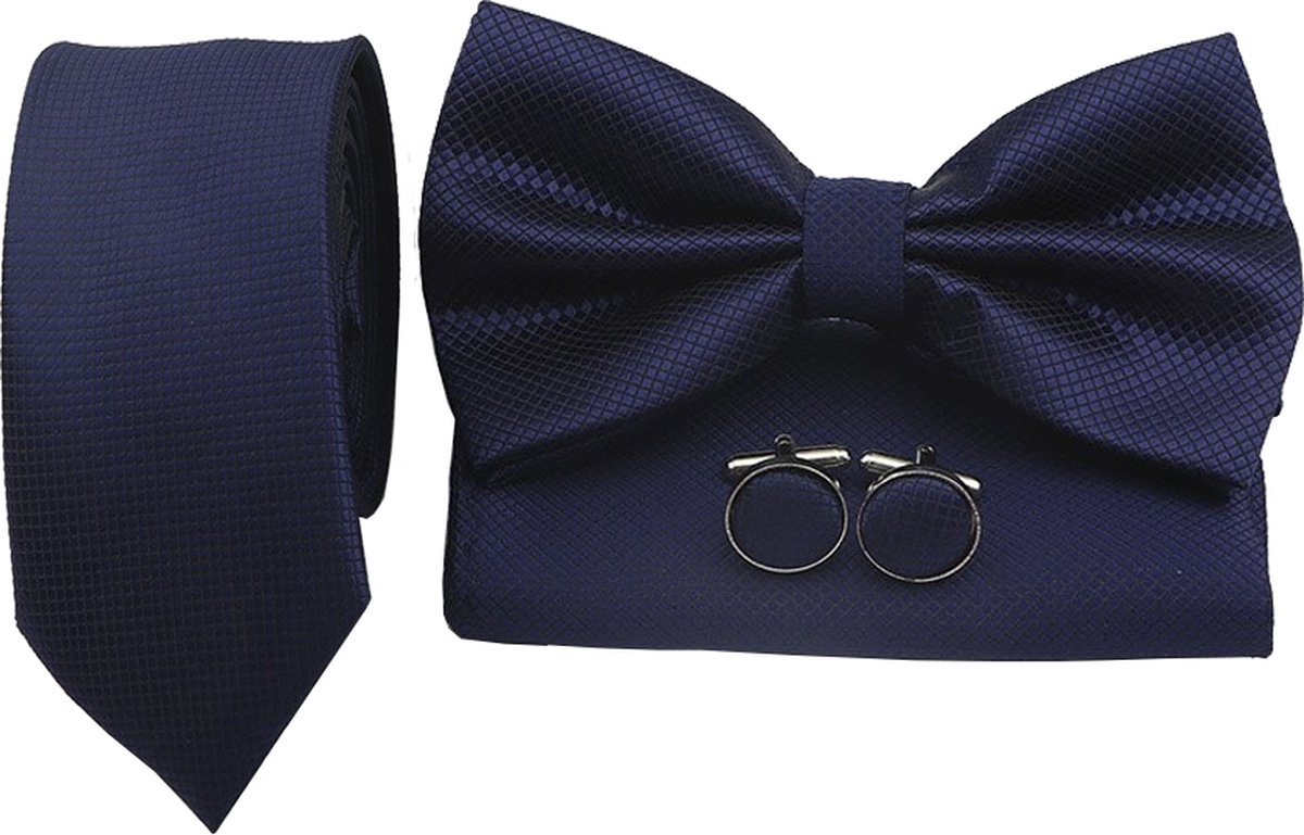 Sorprese Stropdas Set - Ruit - Donker Blauw Smal - inclusief strik pochet en manchetknopen - stropdassen voor heren - vlinderdas - Cadeau