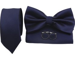 Sorprese Stropdas Set - Ruit - Donker Blauw Smal - inclusief strik pochet en manchetknopen - stropdassen voor heren - vlinderdas - Cadeau
