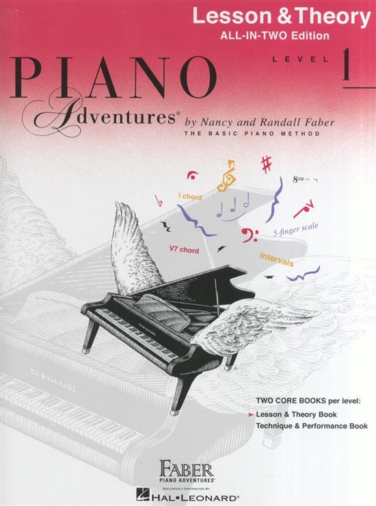 Boek 'Piano Adventures All-In-Two Level 1 Lesson & Theory' met een vleugelpiano met vleugels.