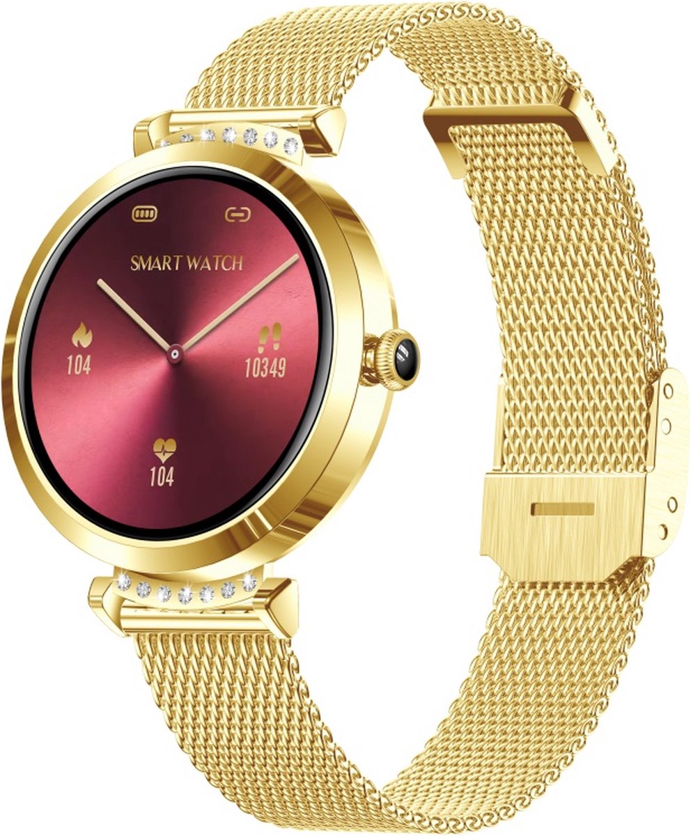 Belesy® New Jersey - Smartwatch Heren – Smartwatch Dames - Horloge – Stappenteller – Calorieën - Hartslag – Sporten - Je eigen foto als wijzerplaat - Kleurenscherm - Full Touch - Milanees – Goud - Moederdag