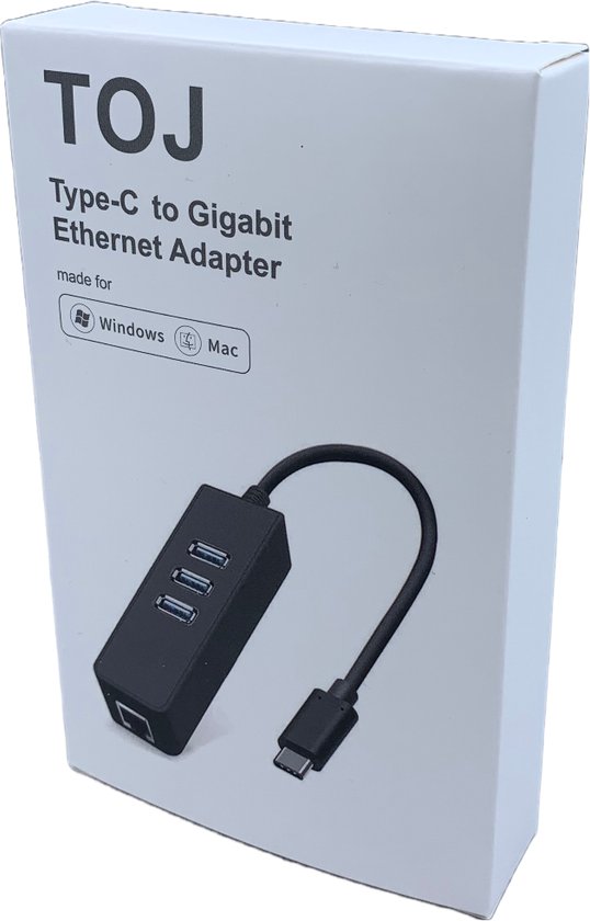 TOJ USB C Naar Ethernet Adapter - RJ45 10/100/1000Mbps Gigabit - USB 3.0 - USBC Splitter / Hub - TOJ