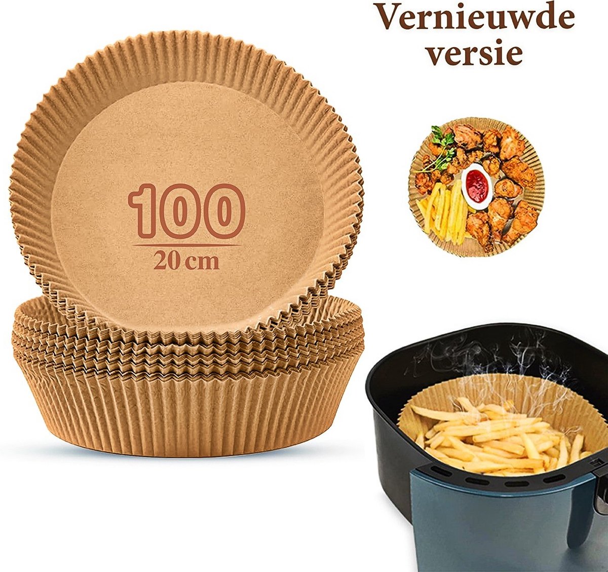 Airfryer Bakpapier- 100 stuks niet-klevend Wegwerp Voeringen 2022 editie - Airfryer Accessoires - Wegwerpbakjes- Airfryer papier - Rond, Bruin – 20 cm