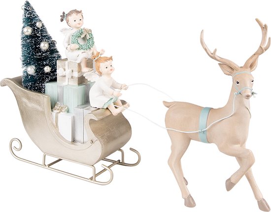 Clayre & Eef Beeld Hert 26 cm Beige Groen Polyresin Kerstdecoratie