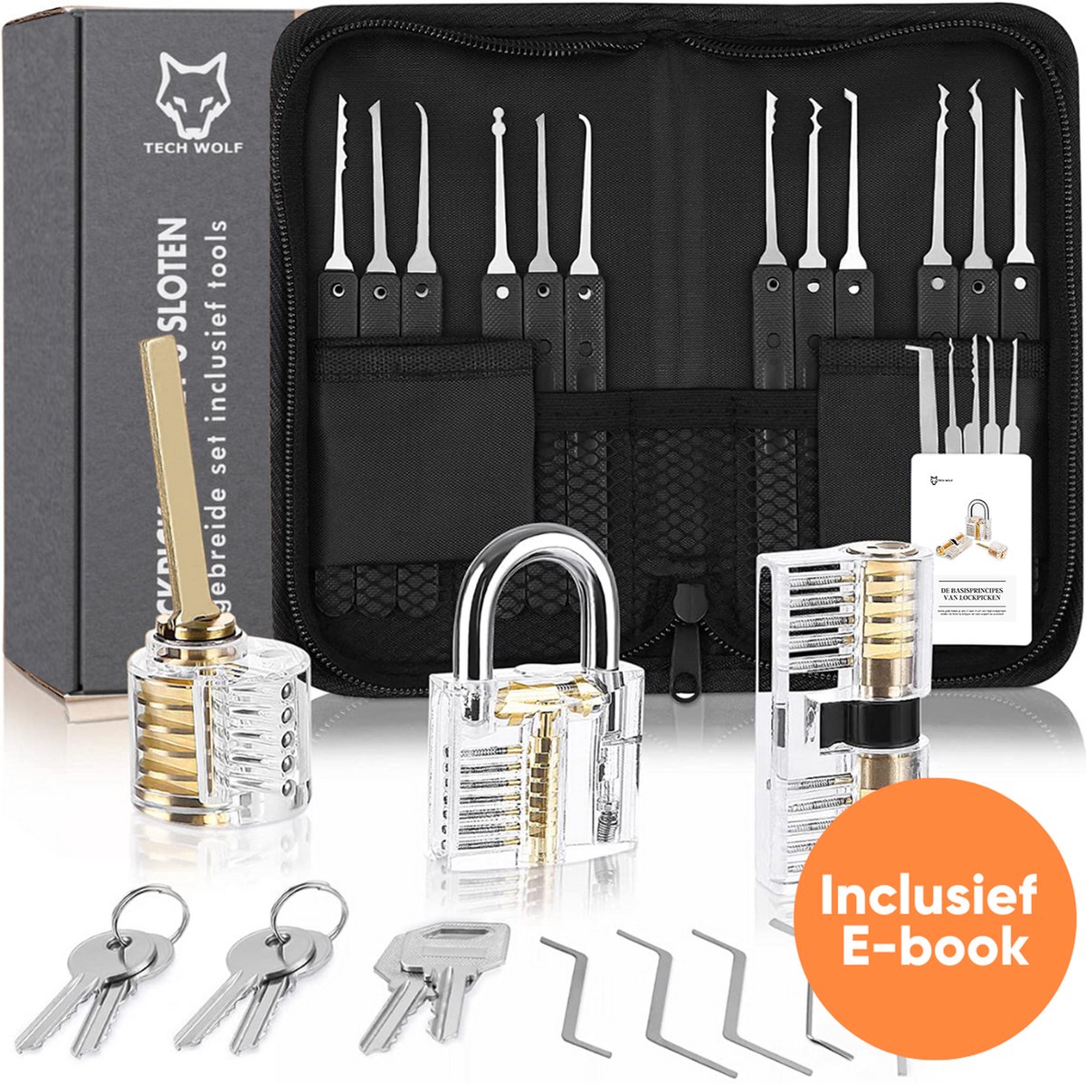 Uitgebreide Lockpick Set met 3 sloten - Lockpicking - Lock pick gereedschap tools - Lockpicken voor beginners en professionals - 2021 Versie- inclusief E-Book - Tech Wolf