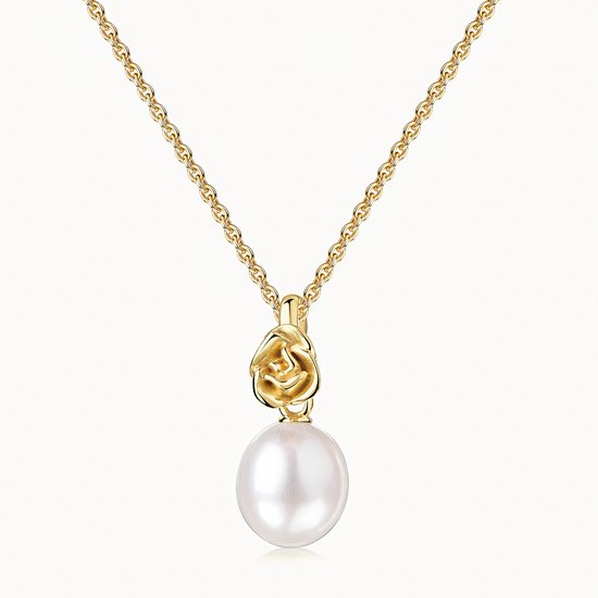 Roos & Parel Ketting – 14K Goud Vergulde Sterling Zilver – 3D-Rose Flower Freshwater Pearl – Cadeau voor Haar