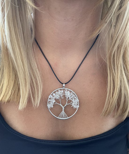 ASTRADAVI Collier pendentif en cristal Arbre de Life - Arbre de vie Pierres précieuses en cristal Chakra à Énergie positive - Cristaux Wit avec cordon en cuir végétalien Zwart