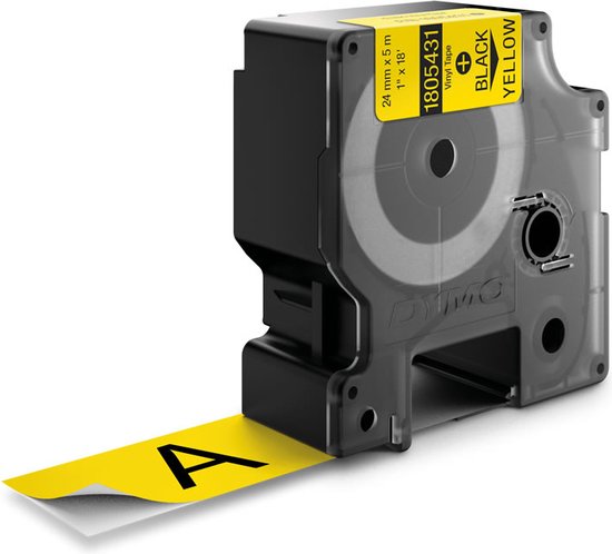 DYMO labelcassette met zwarte opdruk op gele tape, 24 mm breed. De tape heeft de tekst 'A'.