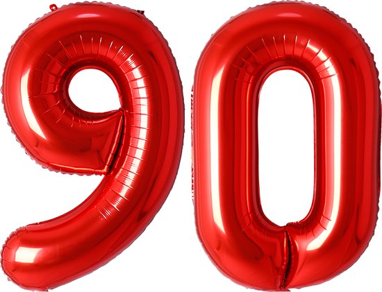 Twee rode cijferballonnen die samen het getal 90 vormen.