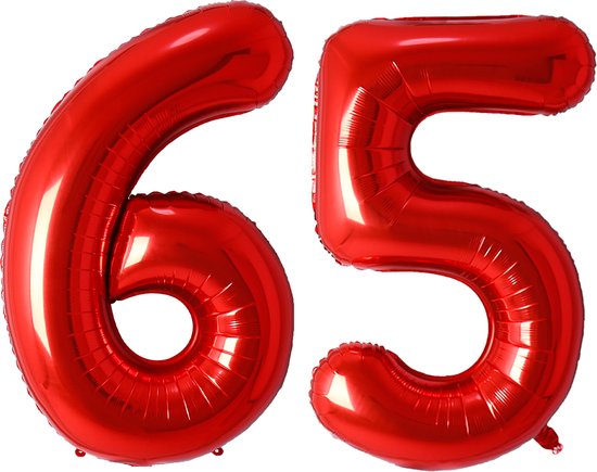 Folie Ballon Cijfer 65 Jaar Rood Verjaardag Versiering Helium Cijfer Ballonnen Feest versiering Met Rietje - 86Cm