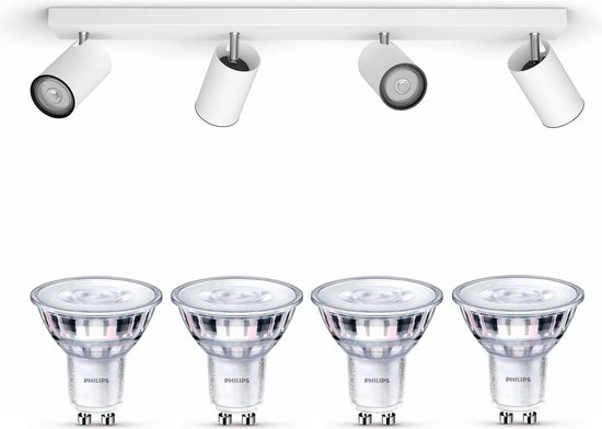 Plafonnier blanc avec quatre spots, incluant quatre spots LED Philips.