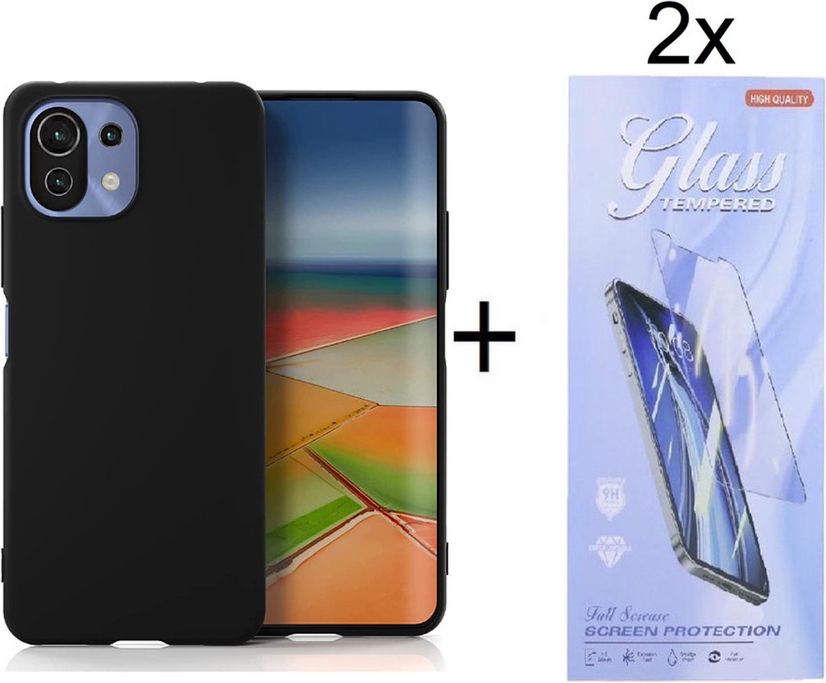 Hoesje Geschikt voor: Xiaomi Mi 11 Lite 4G / 5G Silicone - Zwart + 2X Tempered Glass Screenprotector - ZT Accessoires