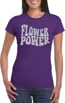 Toppers Paars Flower Power t-shirt met zilveren letters dames - Sixties/jaren 60 kleding S
