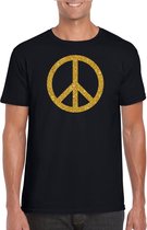 Zwart Flower Power t-shirt gouden glitter peace teken heren - Sixties/jaren 60 kleding XL