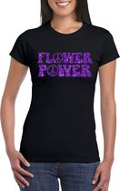 Toppers Zwart Flower Power t-shirt peace tekens met paarse letters dames - Sixties/jaren 60 kleding XL