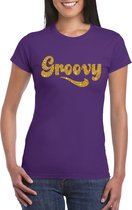 Toppers Paars Flower Power  t-shirt Groovy met gouden letters dames - Sixties/jaren 60 kleding XS