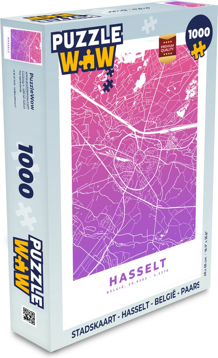 Puzzel Stadskaart - Hasselt - België - Paars - Legpuzzel - Puzzel 1000 stukjes volwassenen - Plattegrond