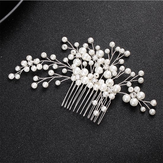 Zilverkleurige haarkam met zilverkleurige parels 15 x 8,5 cm - haarkam  bruid -... | bol.com