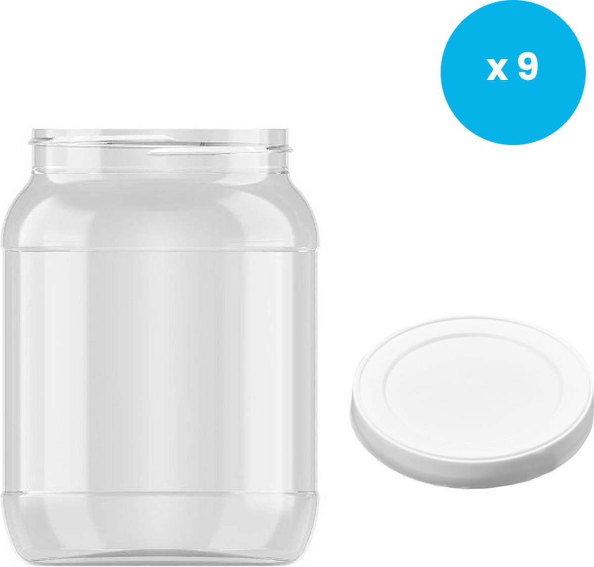 Set van 9 transparante PET bokalen met wit plastic deksel 1500ml