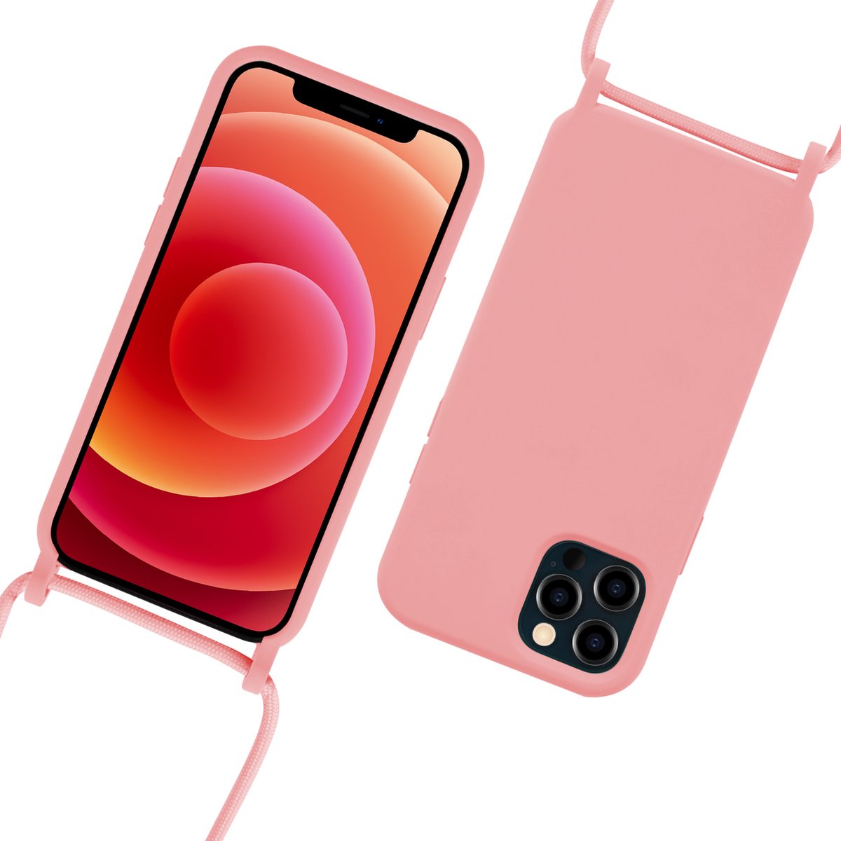 Iphone 12 PRO MAX Siliconen telefoonhoesje met koord - licht roze