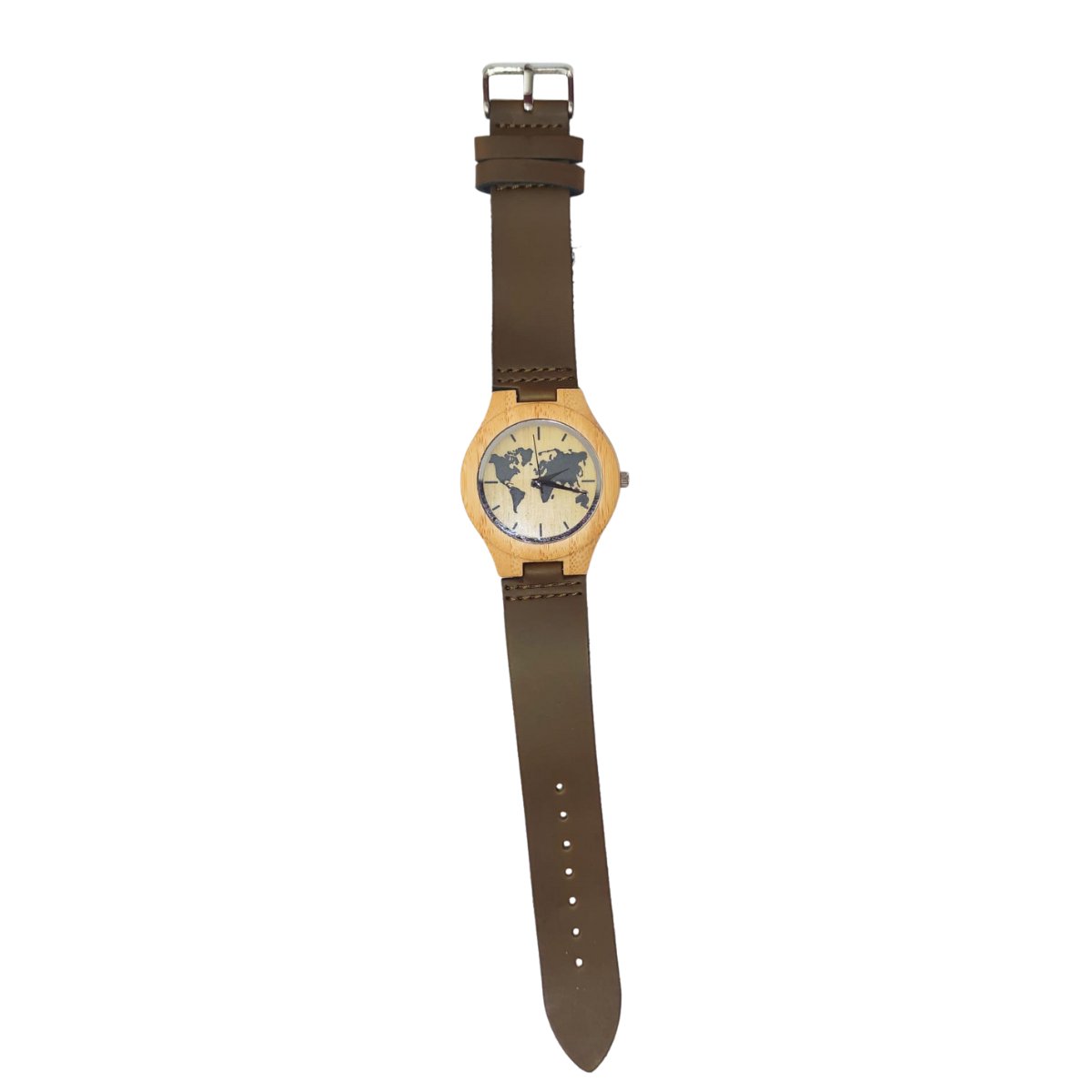 Houten Horloge Bamboe met leren band - Voor Heren - Met gegraveerde wereldkaart - Bruin - 44mm