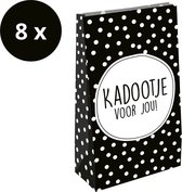 8 x Papieren XL Cadeauzakjes Blokbodem | Stippen Hart Zwart Wit | Leuke Verpakking Cadeau | 14 x 8 x 26 cm