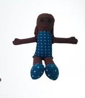 Jacqui's Arts & Designs - African design - Zuko Doll - lappenpop - Dembe - donkere pop - Afrikaanse print - bruine pop - bruine vlechtjes - Afrikaanse kleding - handgemaakt - shweshwe stof - turquoise - stoffen pop - knuffel - Zuid Afrika