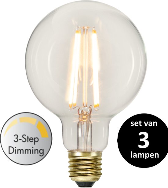 3 standen G95 lamp  - 6.5W -Super Warm Wit (< 2200K) -Dimbaar met schakelaar -3 step dimming - set van 3