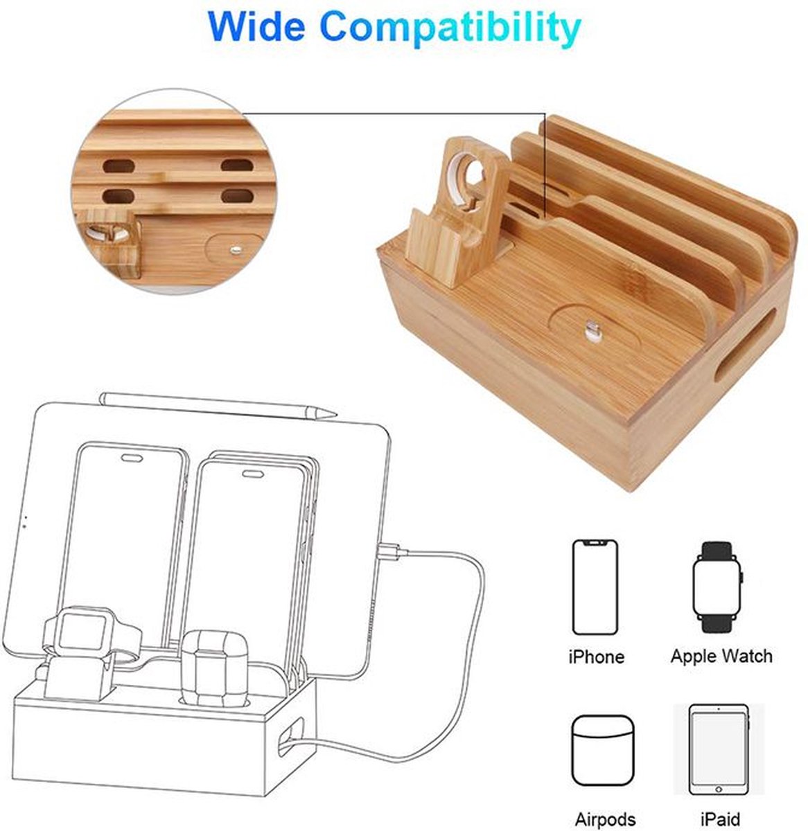 Tekavo ChargeDock Oplaadstation van Bamboe | 5-Poorts USB & Organizer