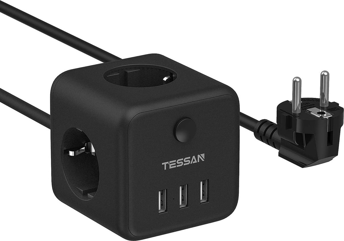 JSVER 4-voudige Stekkerdoos,Meervoudige Stekker met Overspanningsbeveiliging, 3 USB A en 1 USB C